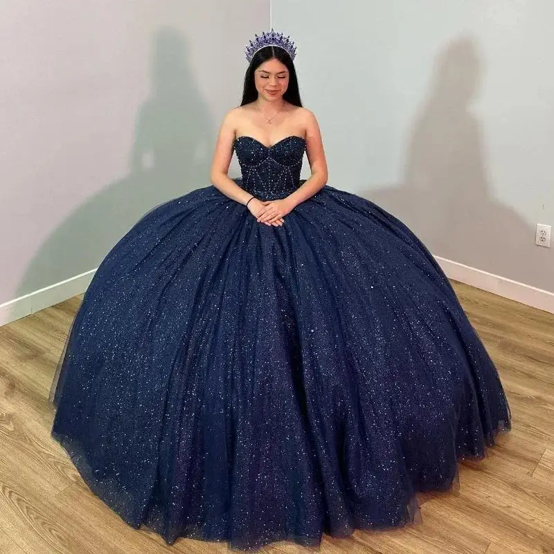 

Glittering Navy Blue Quinceanera Dresses Vestidos De 15 Anos Sweetheart Luxury Beading Crystal Formal Princess Gown