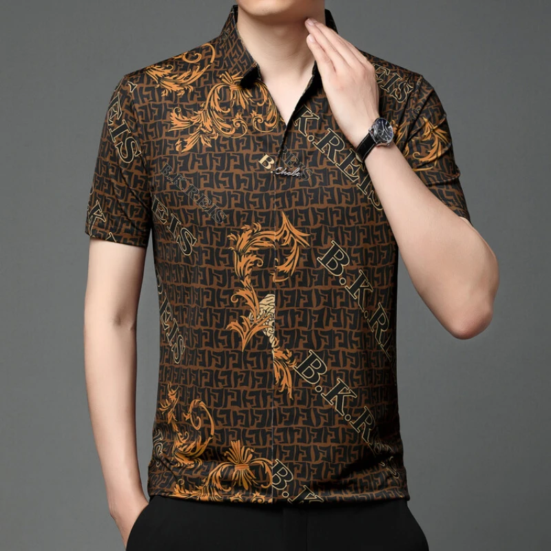 2024 Summer Men\'s High Quality Seamless V-neck Short Sleeved Flower Shirt Fashion Personalized Casual Ice Silk Short Sleeves