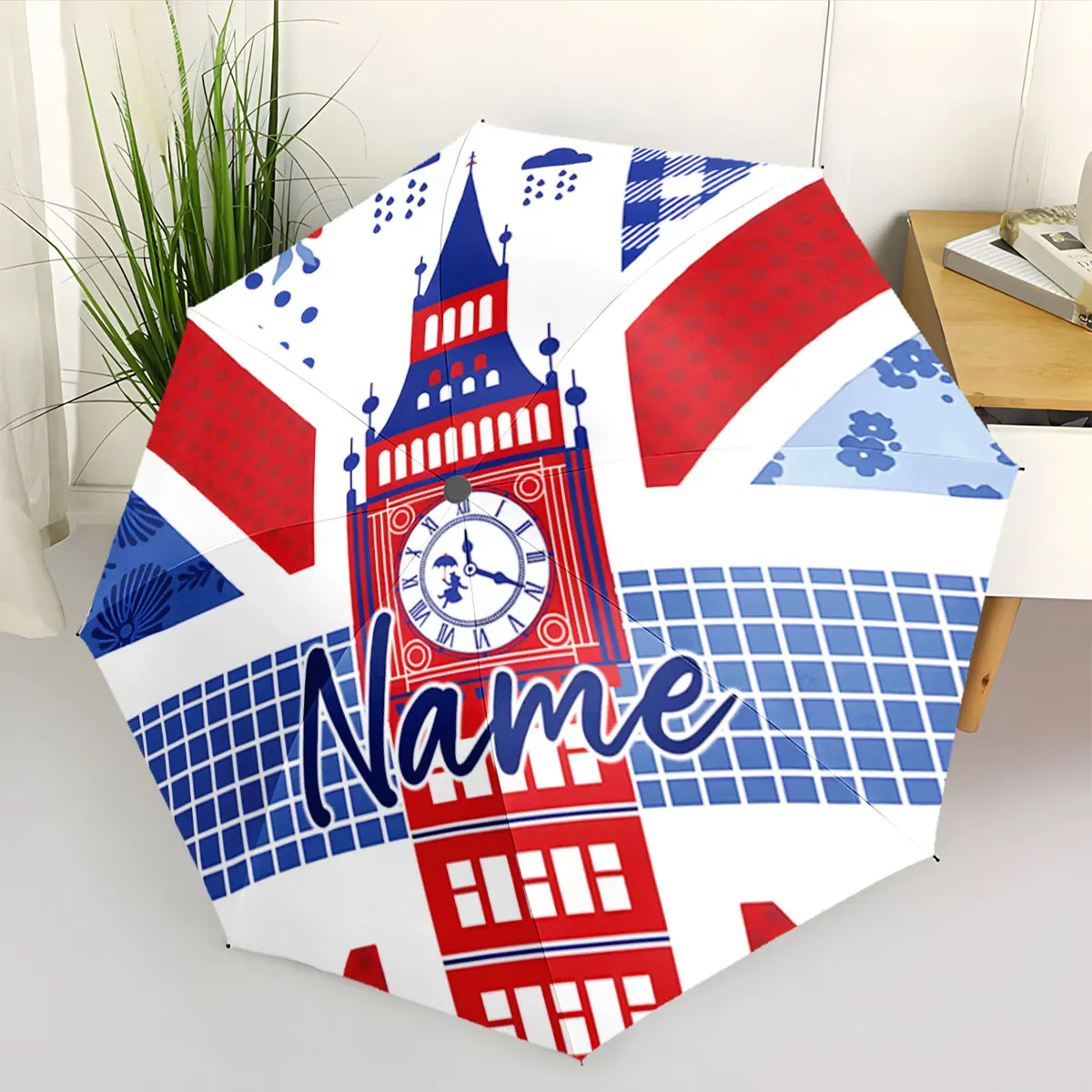 Custom Name Union Jack Themed Umbrella with Big Ben Design Print 8 Iron Ribs Folding Umbrella, Auto-Open Fashion Sunshade
