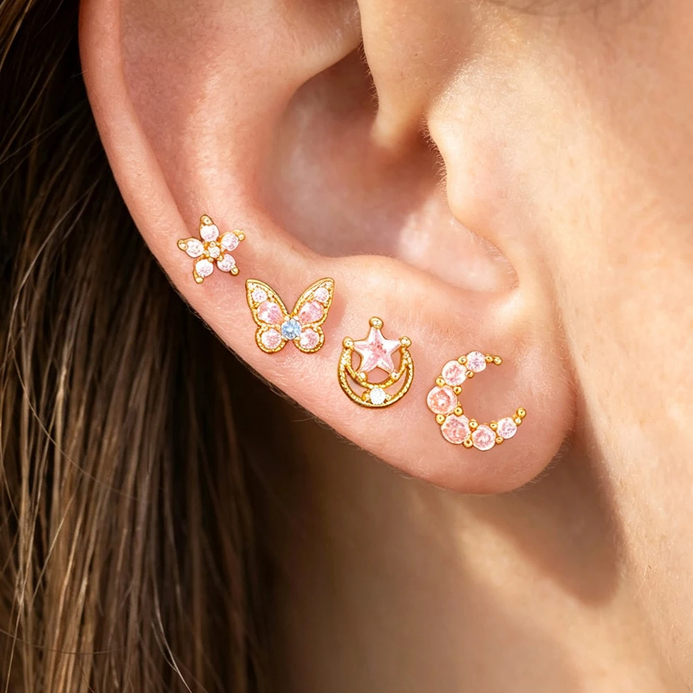 4PCS Stainless Steel Star Moon Ear Studs Sets For Women Luxury Butterfly Zircon Stud Earring Fashion Cartilage Piercing Jewelry