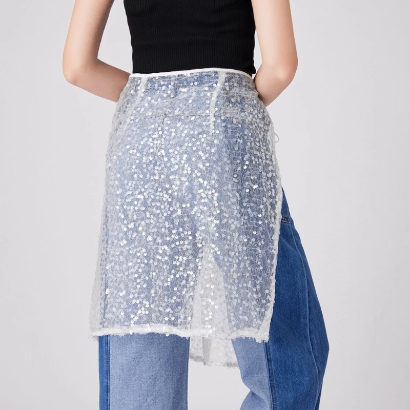 Womens Aesthetic Sparkling Sequins Layering Half Wrap Skirt Tie Up See Through Mesh Hip Covering Apron Skirt Overskirt