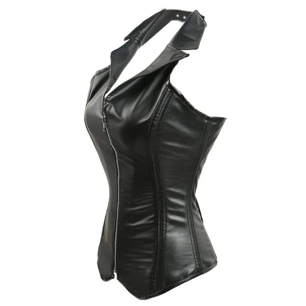 Steampunk Overbust Corset for Women Bustier Zip Leather Corset Sexy Gothic High Collar Corselet Steel Boned Slimming Body Shaper