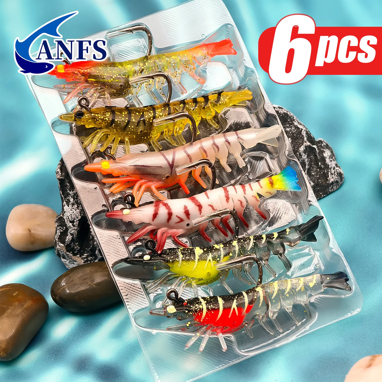 ANFS Soft Shrimp Lure Set, 6 Colors Shrimp Bait with Hooks - Fishing Tackles for Freshwater and Saltwater Bass, Trout, Catfish view 2