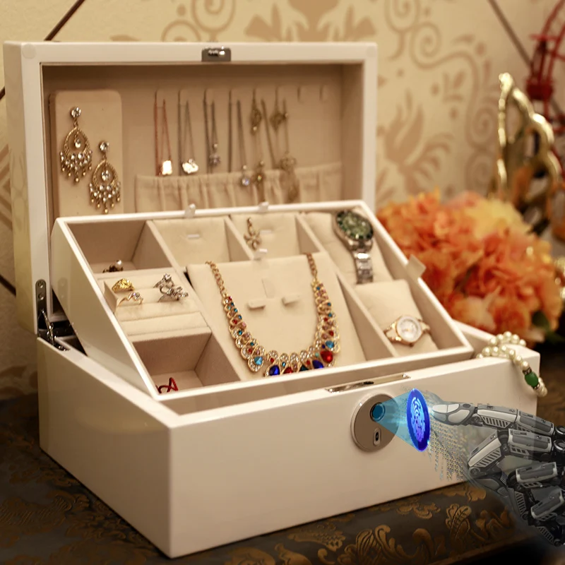 Fingerprint Jewelry Case Lockable Storage Box for Rings Earrings Necklaces Watches Collection