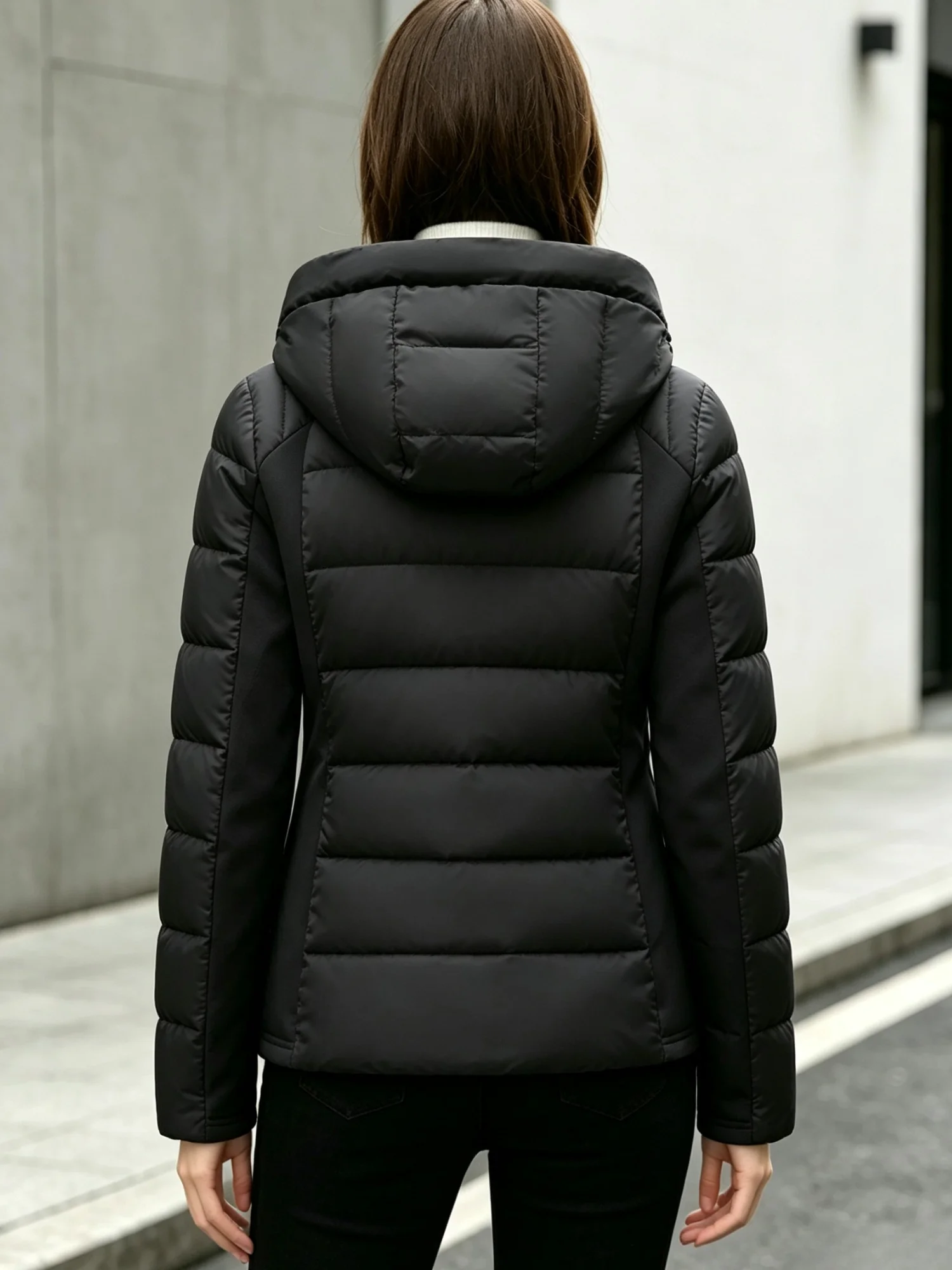 Women's Slim-Fit Hooded Jacket Outdoor Casual Versatile Solid Color Top Warm Winter Coat Zippered Pockets Patchwork Outerwear