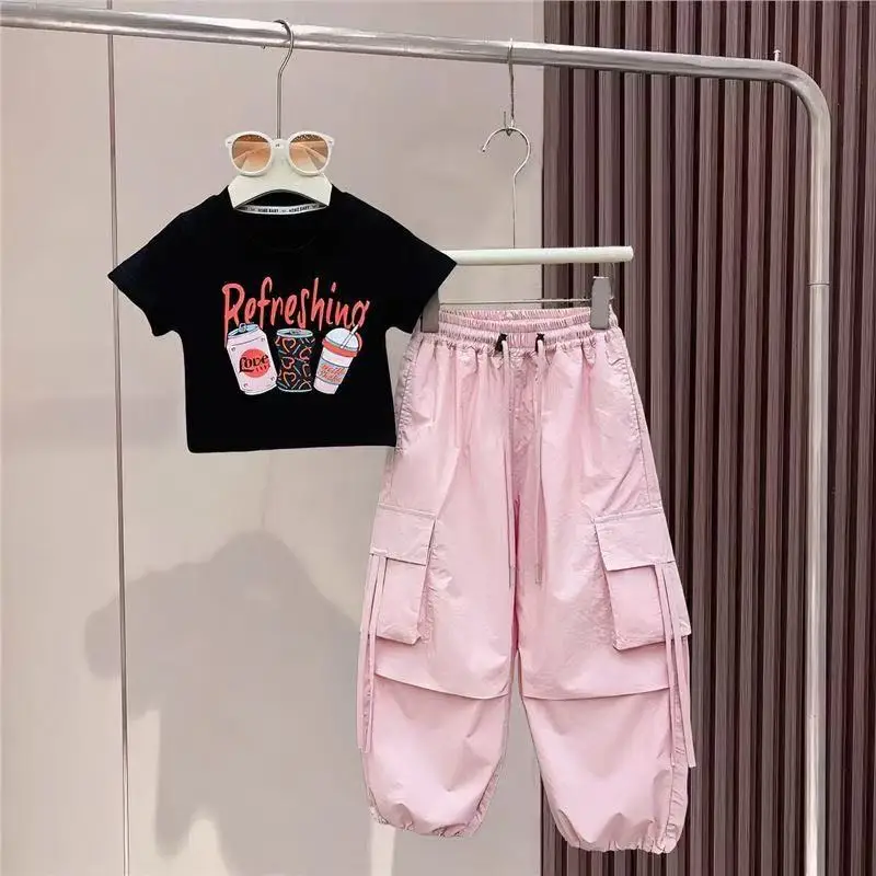 Girls' Summer Set New Style Children's Internet Celebrity Western Style Medium Sized Children's T-shirt Work Pants Two Piece Set