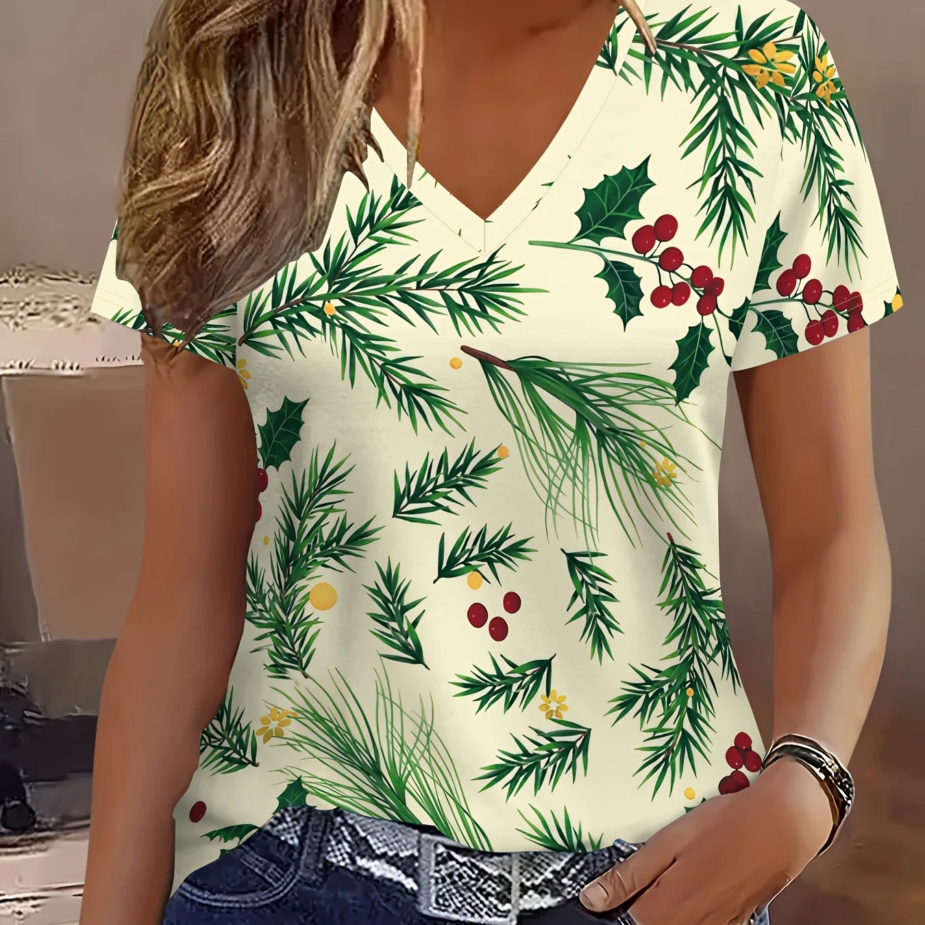 تي شيرت نسائي مطبوع عليه زهور نباتية ثلاثية الأبعاد تي شيرت نسائي غير رسمي برقبة على شكل حرف v وأكمام قصيرة Y2k Harajuku ملابس نسائية كبيرة الحجم للشارع #1