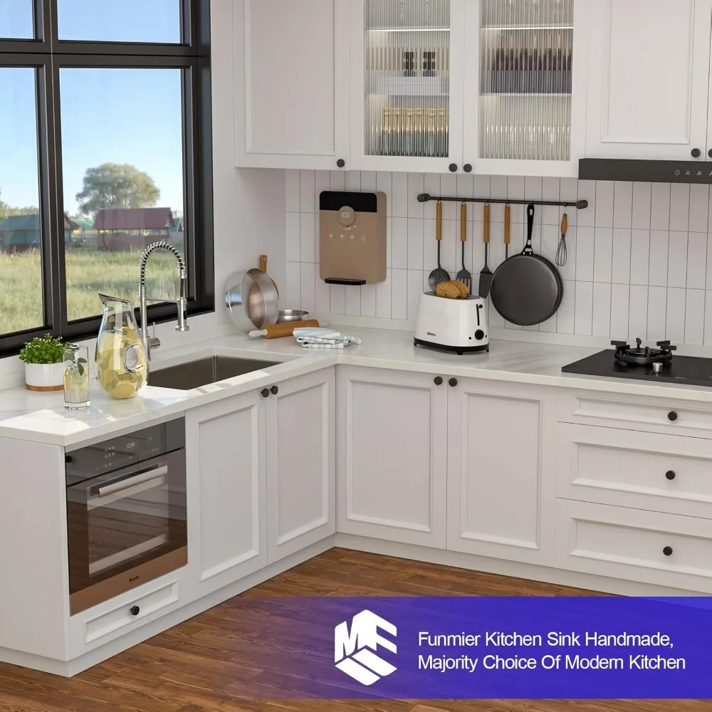 حوض مطبخ سفلي من الفولاذ المقاوم للصدأ مقاس 32 × 19 - حوض مصنوع يدويًا بقياس 16 مع تصريف خارج المركز للمطبخ الحديث #6