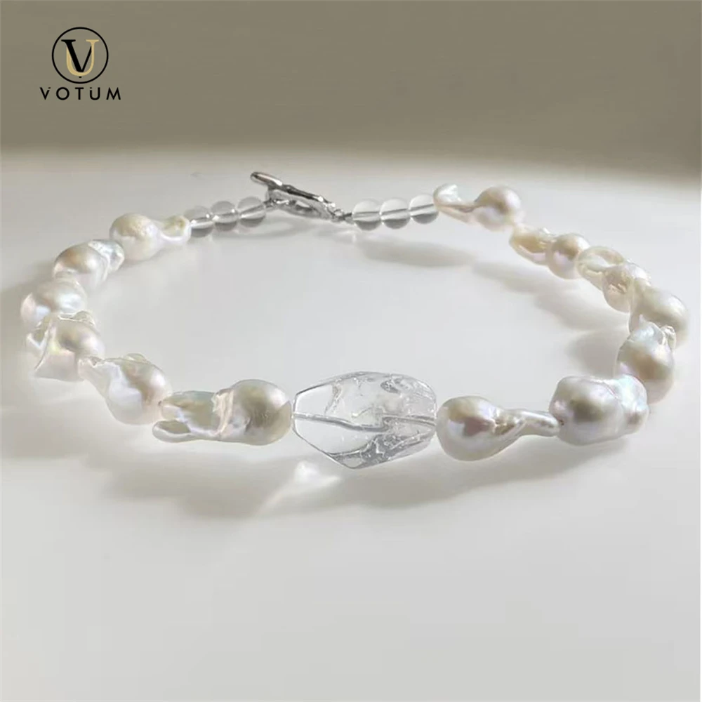 Votum Natural Baroque Pearls Clear Quartz Necklace for Women Lady Birthday Wedding Crystal Pearl Beads Necklaces Gift Jewelry