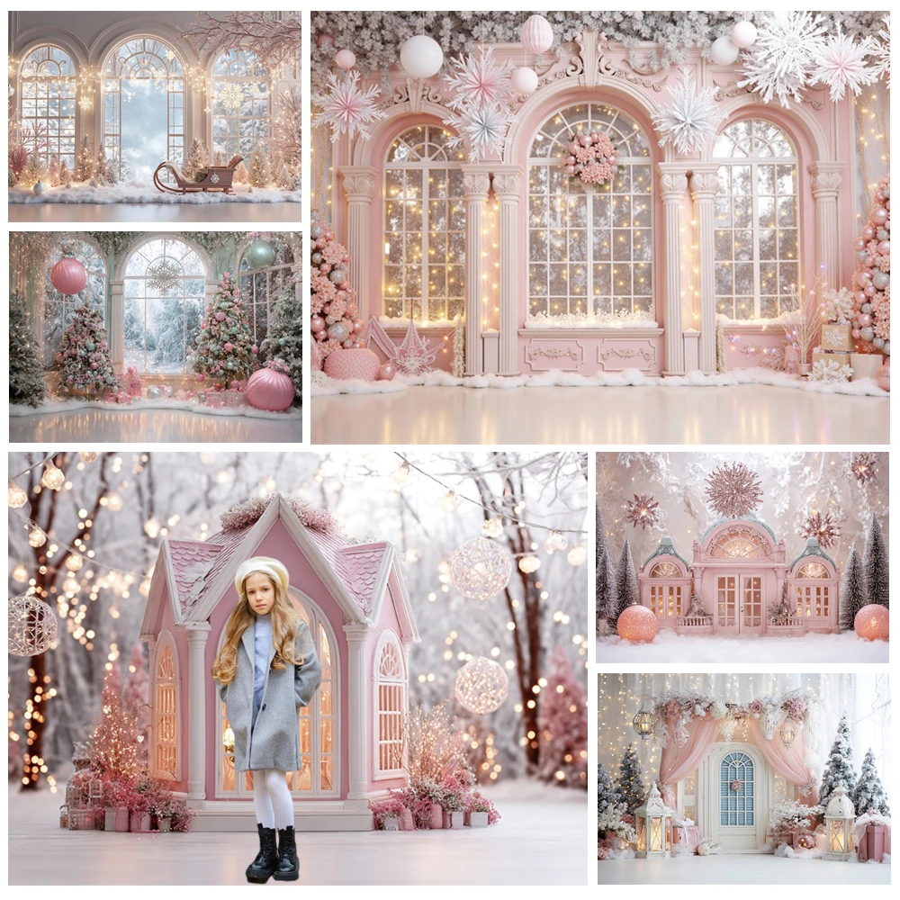 

MOON.QG Pink Christmas Fantasy Photo Background Xmas Trees Houses Snowflake Backdrop Photography Accessories Photo Studio Poster