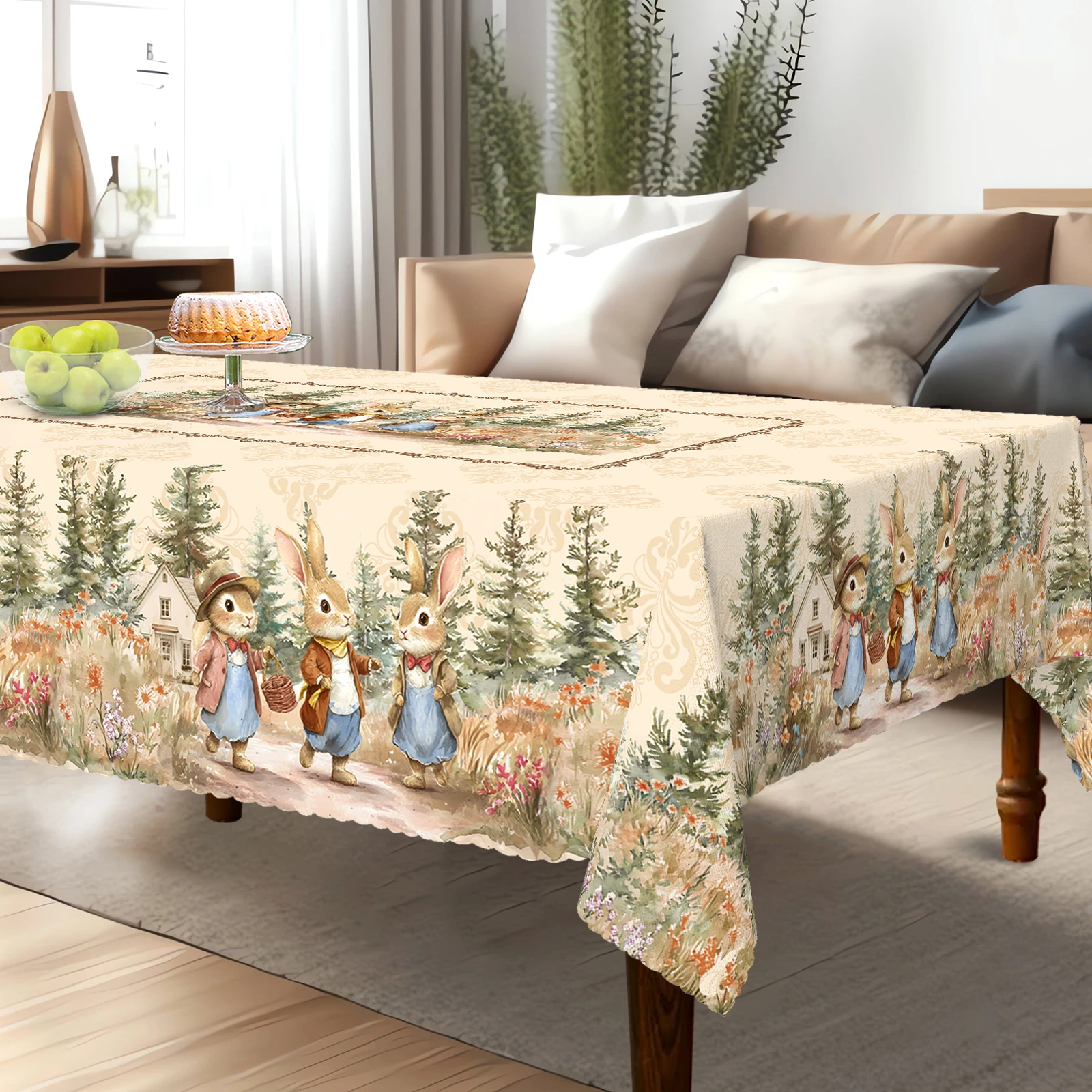 Ink-Style Peter Rabbit Polyester Tablecloth, Cute Peter Rabbit Family Outing Print, Lush Pine Tree Pattern, Classic Dark Pattern Print, Embossed Edges, Waterproof, Wrinkle-Resistant, Fade-Resistant, Suitable for Rectangular and Round Dining Tables, Home Kitchen, Living Room Dining Table, Balcony Coffee Table, Holiday Party Table Decoration, Outdoor Picnic Decoration, Coffee Table Decoration Table Cover, Perfect Gift Easter Decorations. P-060