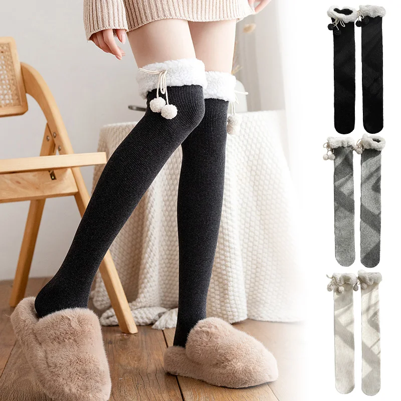 1pair Plush Vertical Stripe Stockings Kawaii Lolita Lamb Wool Socks Autumn Winter Thicken Warm Tights Sweet Girl Knee High Socks