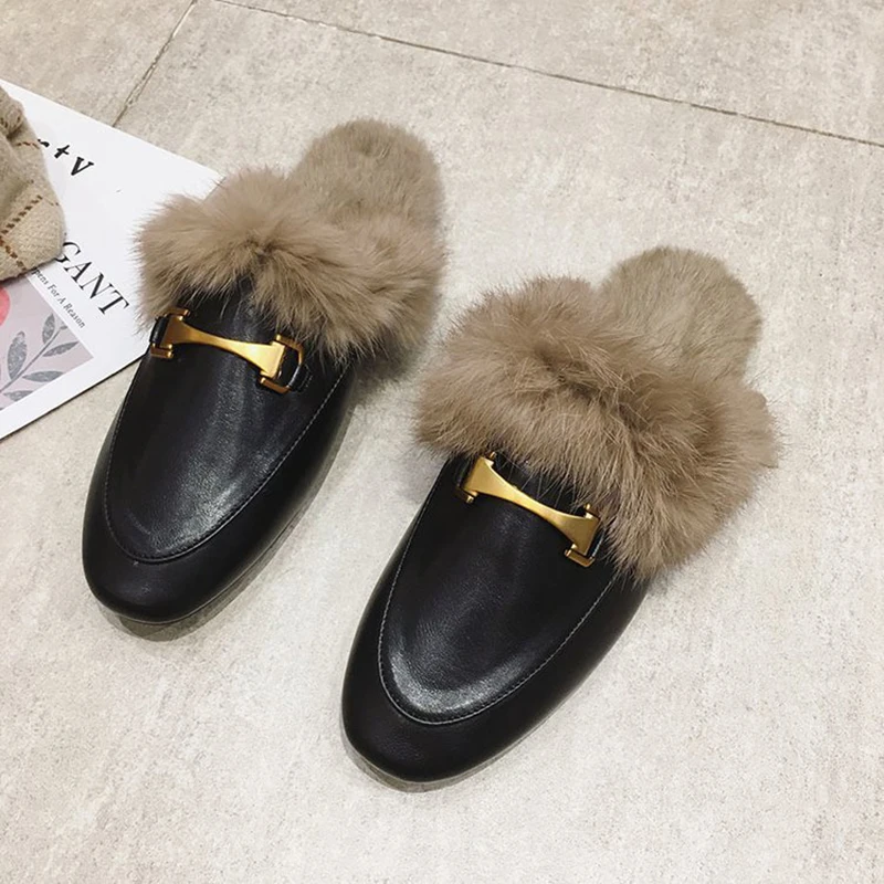 Winter New Real Fur Metal Buckle Mules Women Shoes Loafers Pregnant Shoes Women Furry Slides Fluffy Hairy Flip Flops