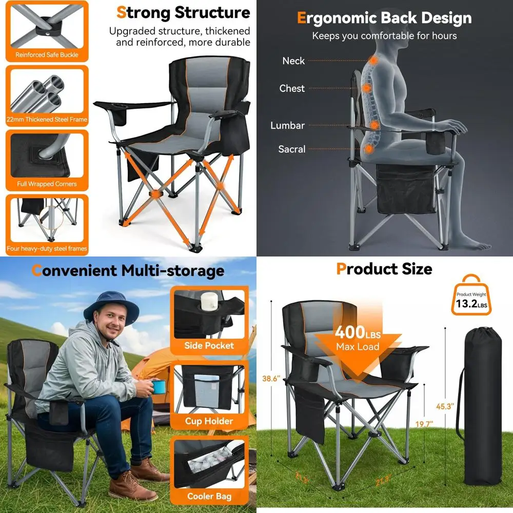 

Кемпинговые стулья для взрослых, усиленные, увеличенные, полностью мягкие складные стулья для улицы с подстаканником, сумкой-холодильником и боковым карманом.