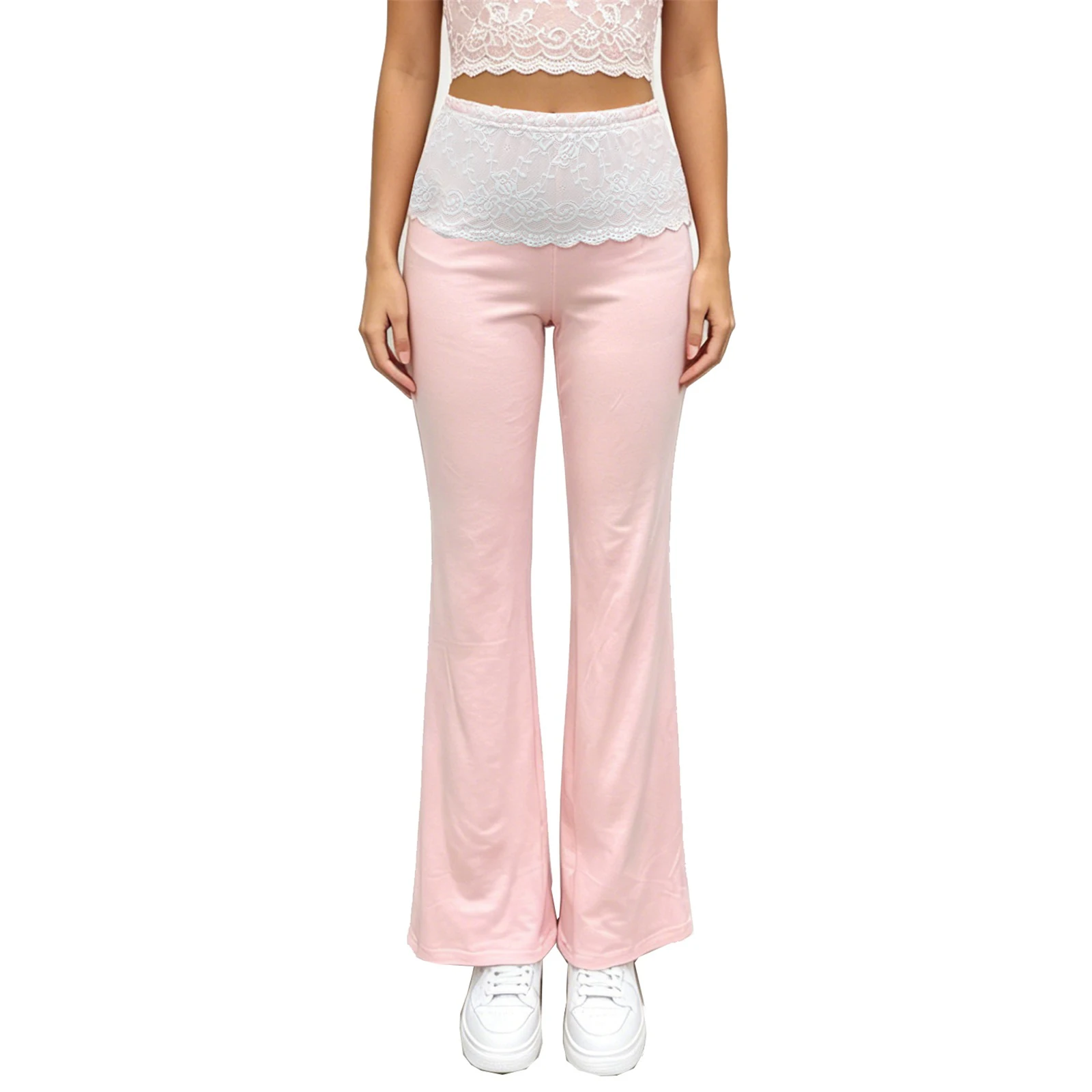 Fashion Women's Spring Summer Baggy Pants Lace Trimmed Waistband Loose Striped Wide Leg Trousers Y2k High Streetwear