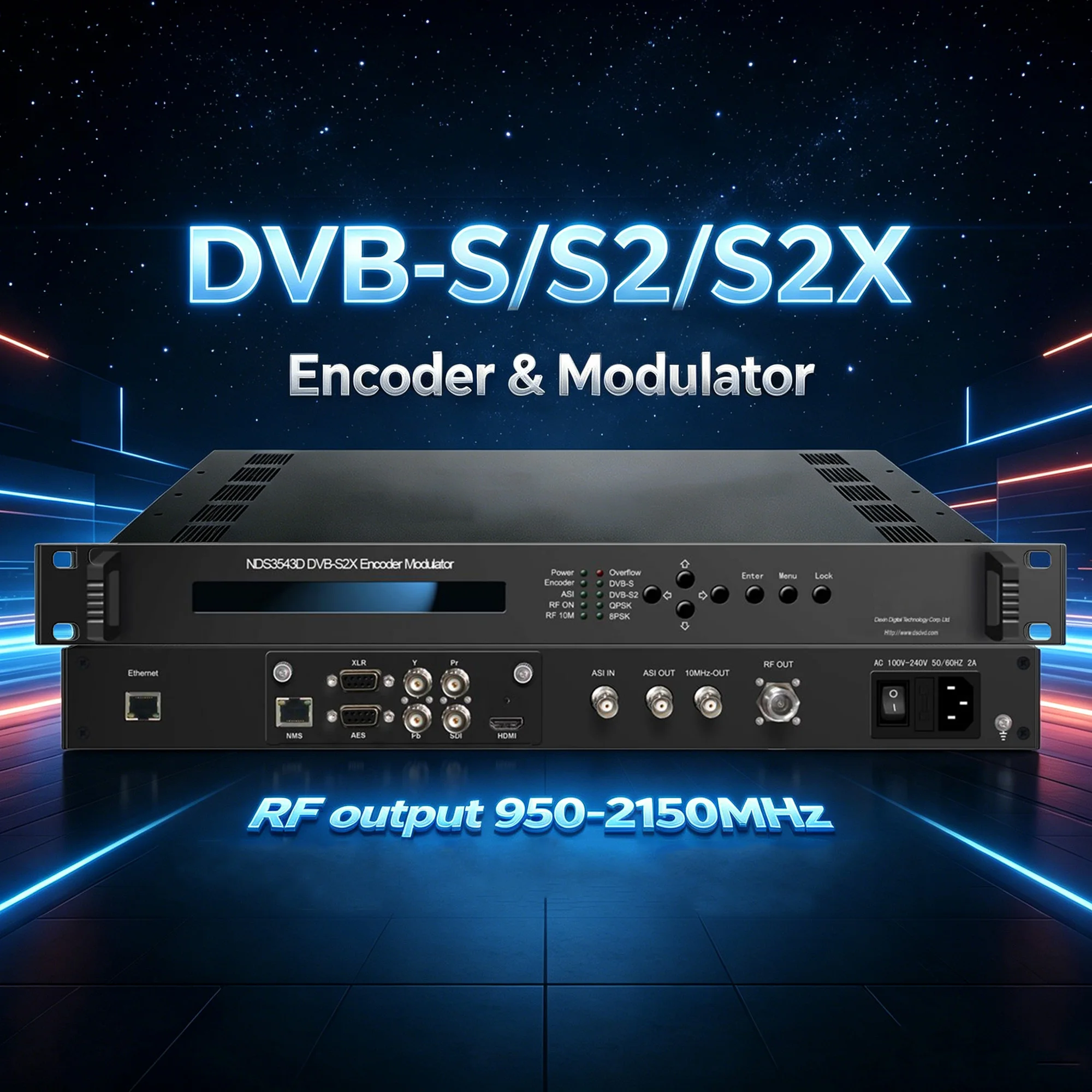 DVB-S/S2/S2X encoder and modulator; pluggable (SDI/HDMI/YPbPr/CVBS…) 1ASI input interface for multiplexing and modulation