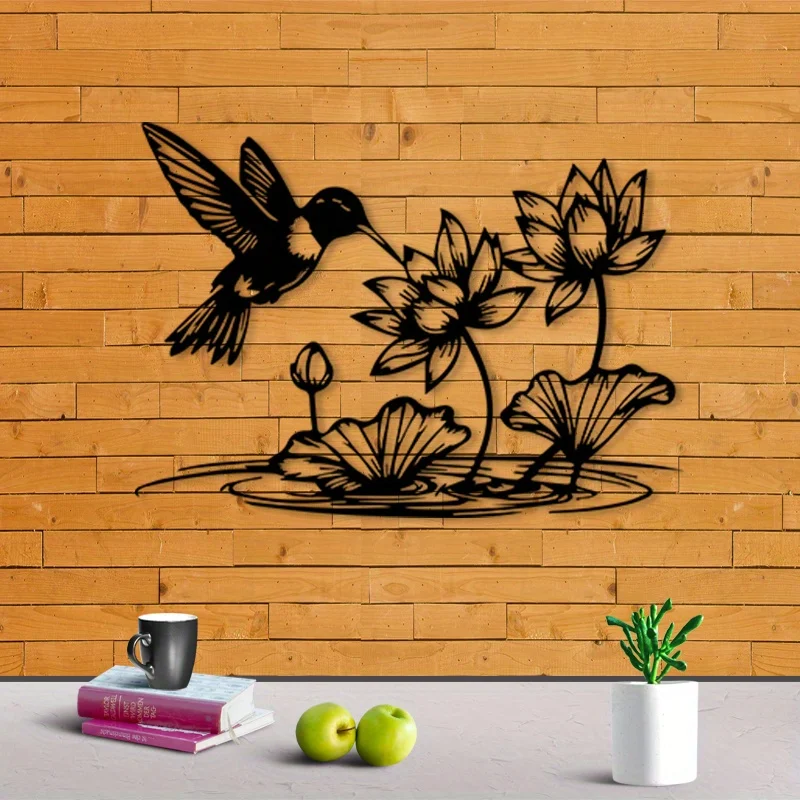 CIFbuy Lotus Hummingbird Metal Wall Art Rustproof Weatherproof 2D Flat Iron Ornament For Zen Living Room Office Home Decor