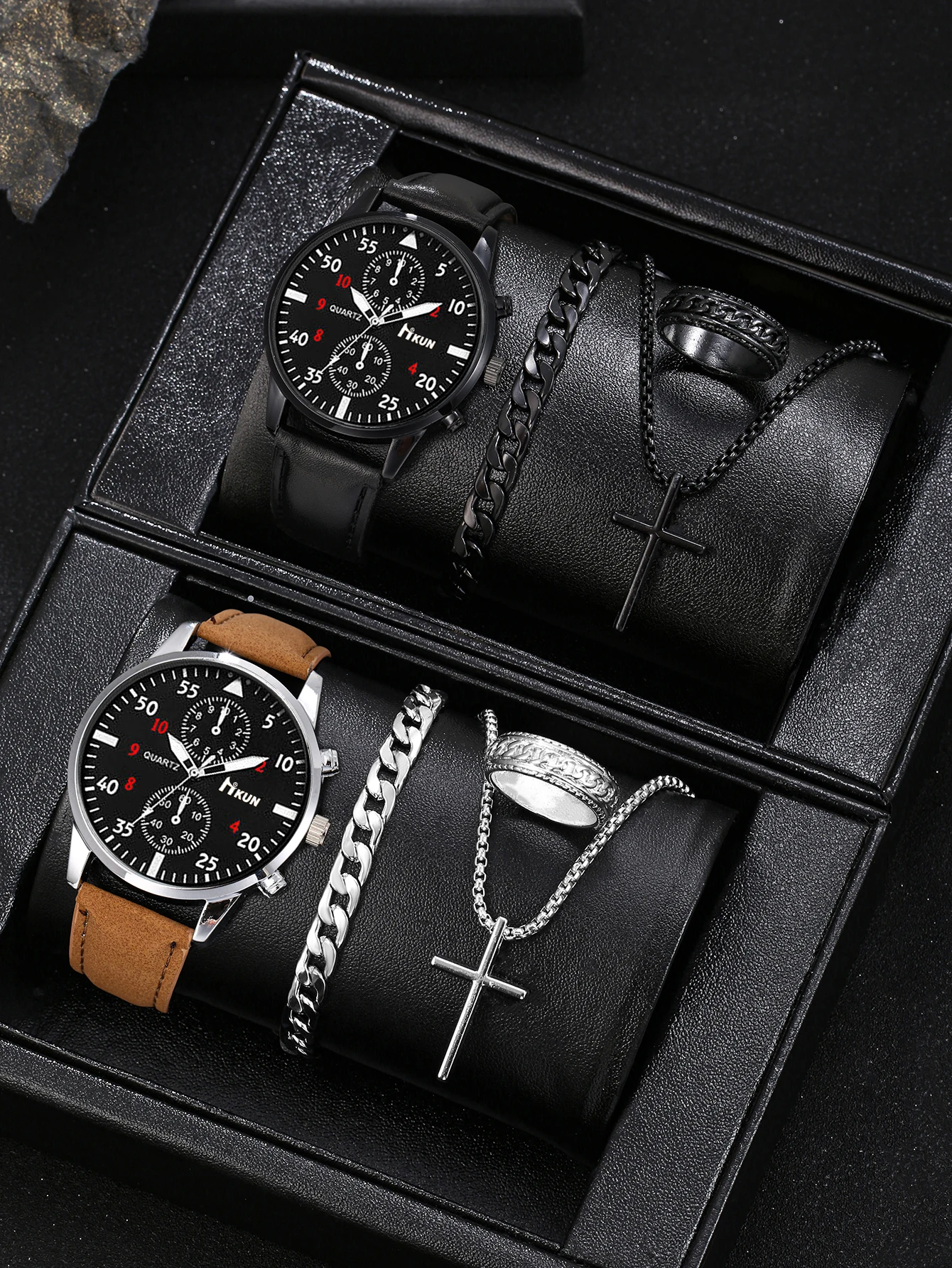 A set of men\'s quartz watch set, PU leather strap, personalized alloy jewelry combination, an ideal gift for him