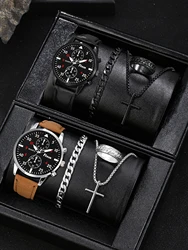 A set of men's quartz watch set, PU leather strap, personalized alloy jewelry combination, an ideal gift for him