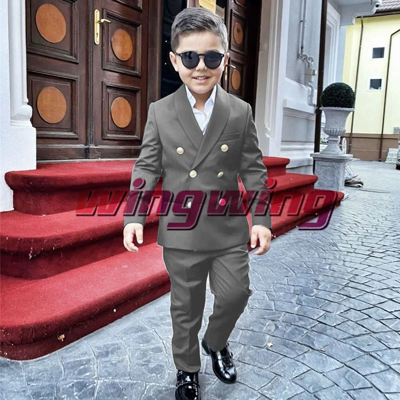 Boys Wedding Suit Jacket Pants Set of 2 Double Breasted Kids Clothes Fashion Gold Buttons 2-16 Years Blazer