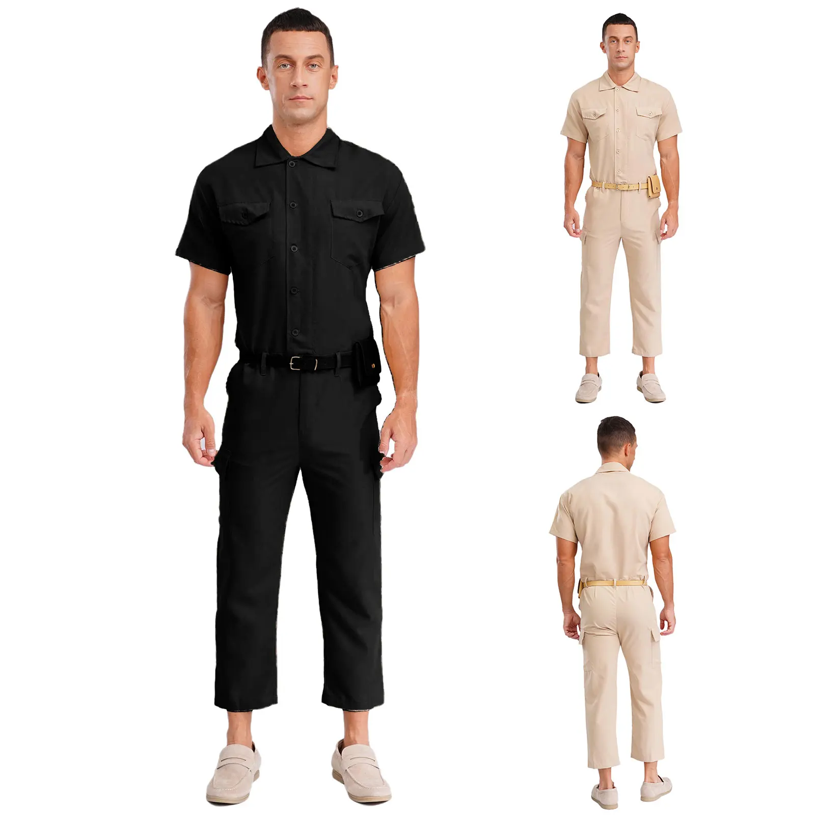 Casual Cargo Romper Coverall Men Short Sleeve Slim Fit Daily Jumpsuit Overalls with Belt Purse Bodysuit Casual Work Clothing