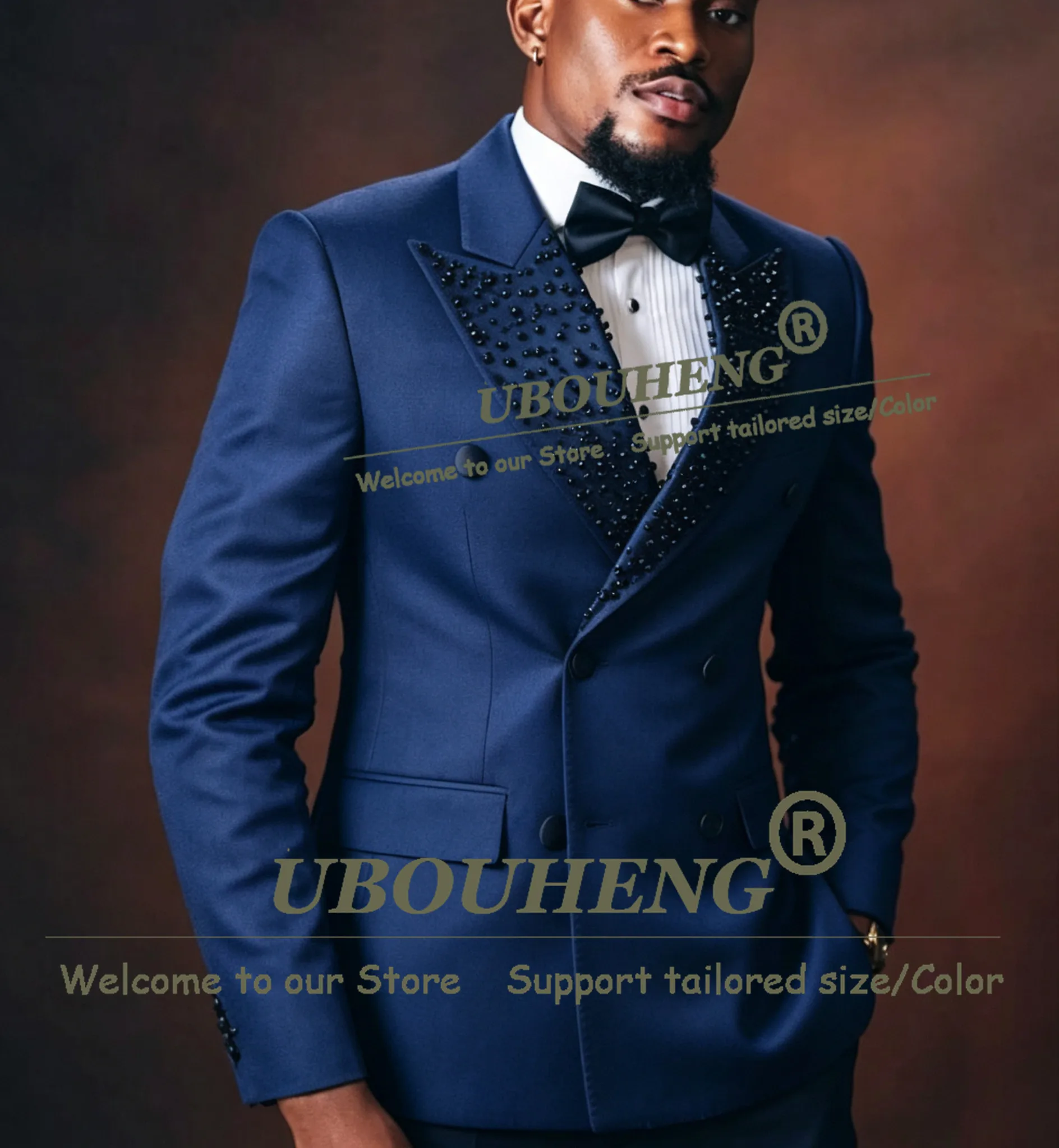 Exclusive Pearls Beaded Lapel Suit Men 2 Pieces Sets Double Breasted Groom Wedding Tuxedos Customized Ternos Masculinos Completo
