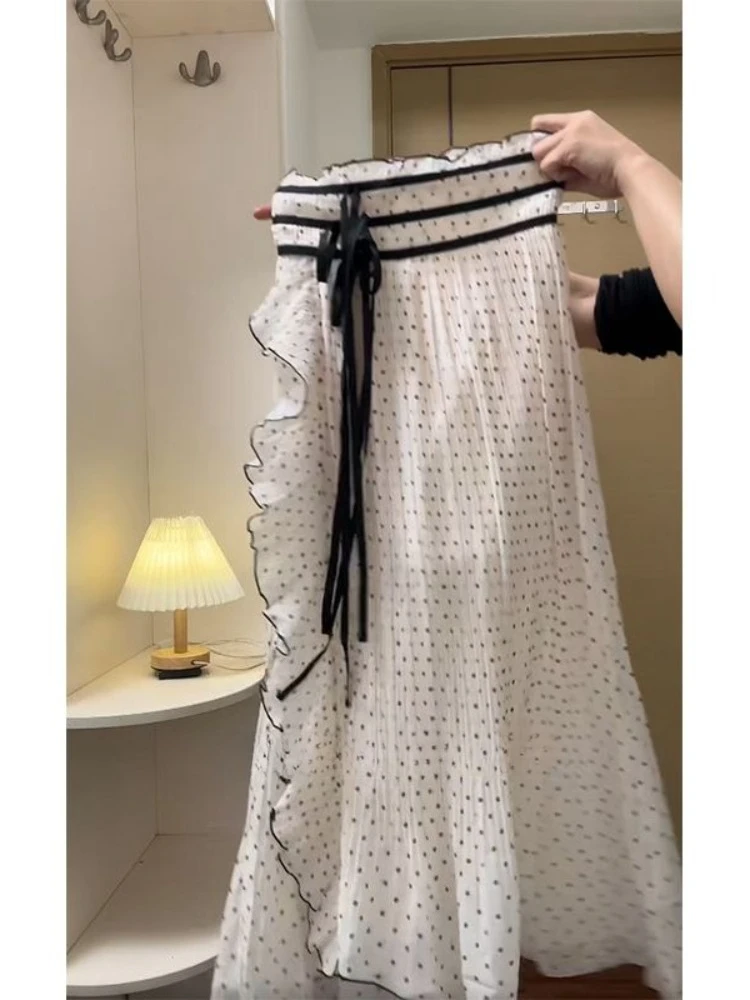 French Style Polka Dot Women's Skirts Sweet Ruffle Stitching Irregular Mid-length Design Long Skirt 2026 Summer Casual Clothes