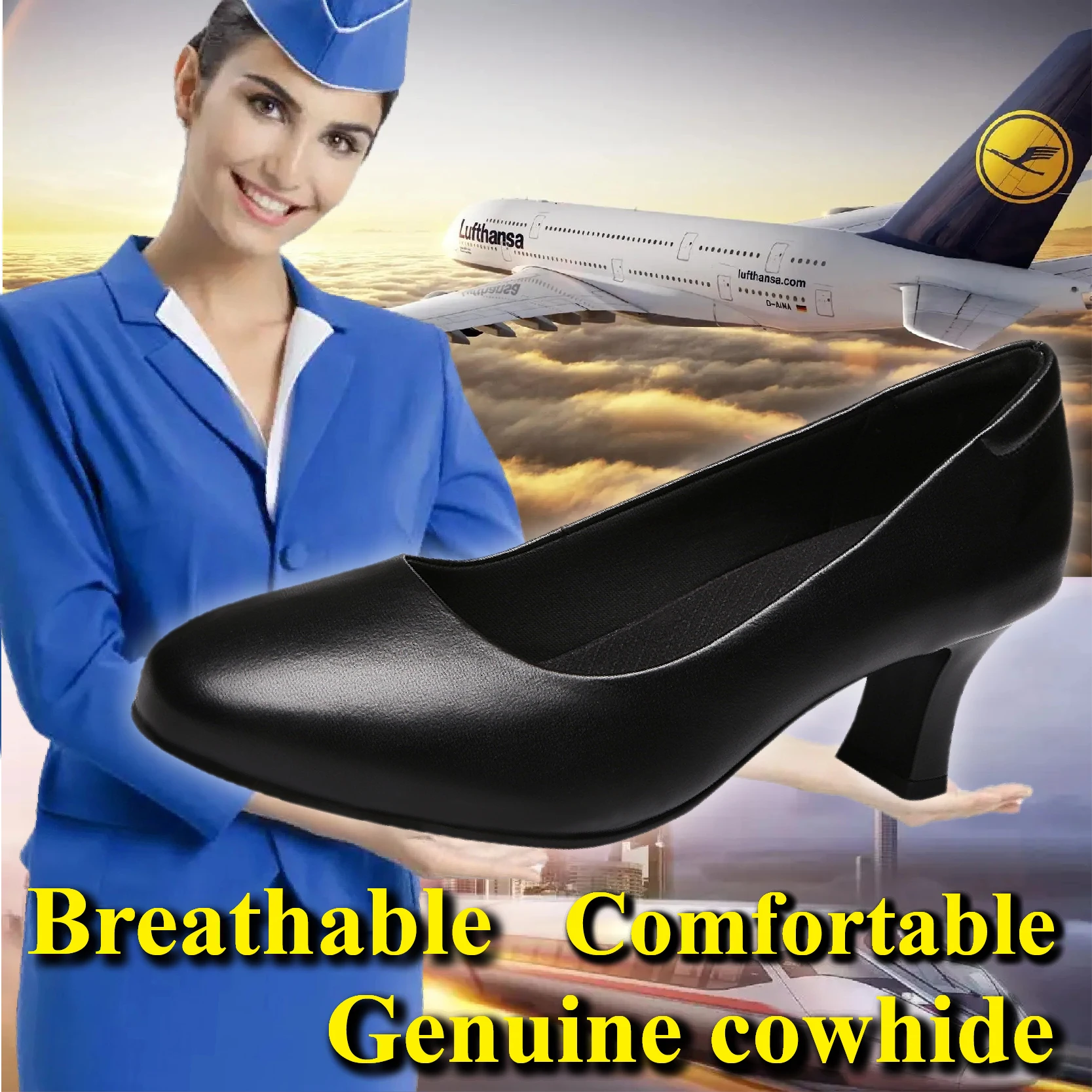 

Удобная дышащая рабочая обувь из натуральной коровьей кожи 5,5 см для летной женской стюардессы, воздушный экипаж, официант, бортпроводник