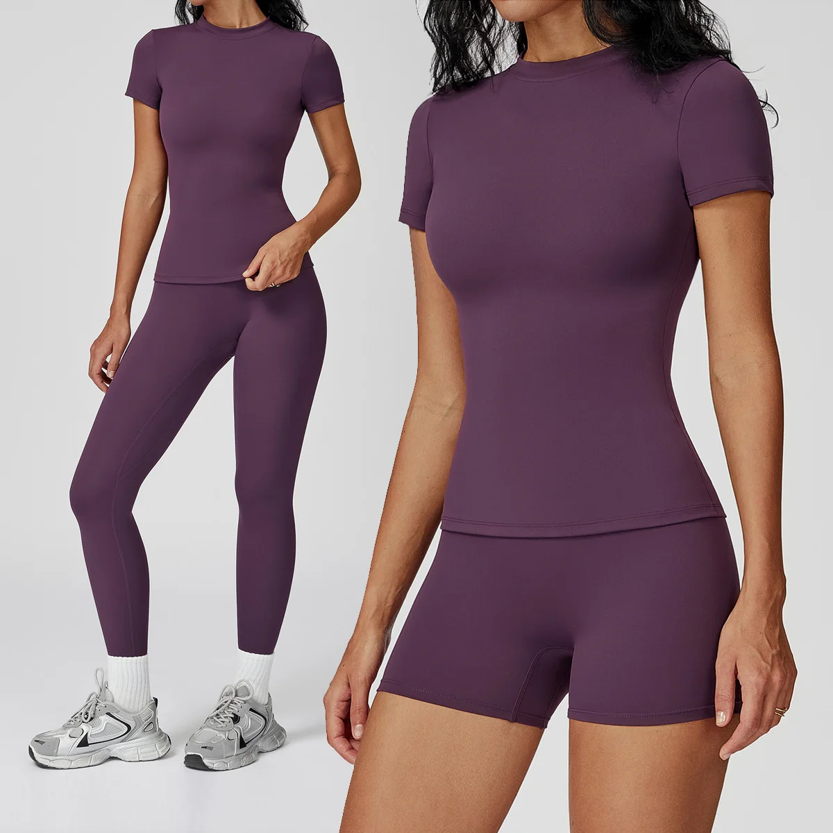 New Yoga Set Two Piece Women Short Sleeve Top with High Waist Leggings Seamless Workout Clothes Patchwork Sport Fitness Gym Sets