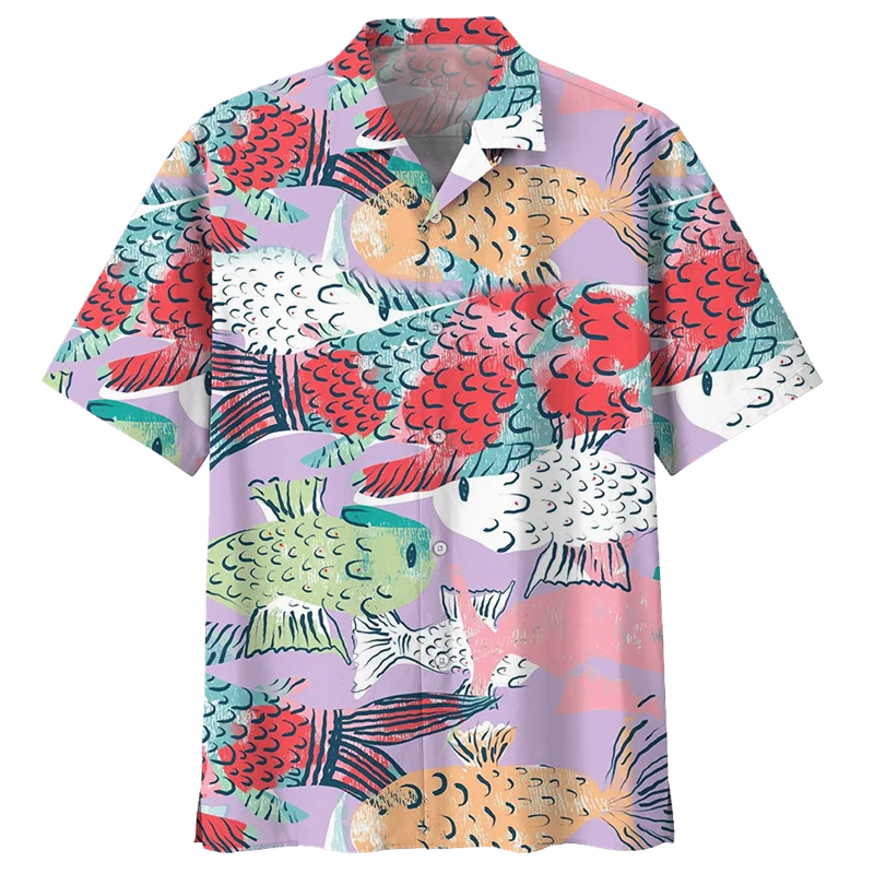 Colorful Fish Hawaiian Shirt For Men Summer Sea Animals 3D Printed Beach Blouse Oversized Lapel Short Sleeve Button Shirts