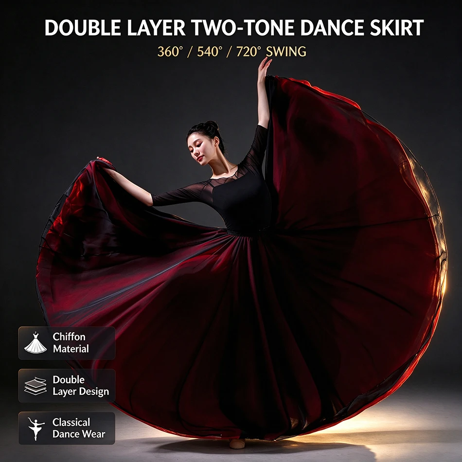 Women Chinese Classical Dance Skirt Double Layer Two-Tone Chiffon Big Swing Performance Dancewear 360/540/720 Degrees 85/90/95cm