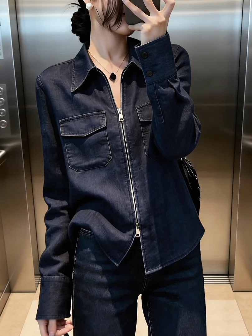 

Casual Lazy Style Blue Denim Shirt Women's Long Sleeve Collar Double Zipper Loose Slimming Versatile Top Fashion Spring 2026