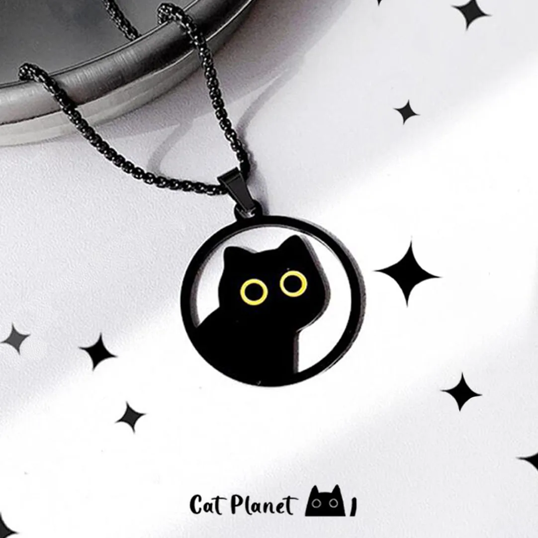 2024 Titanium Steel Black Cat Necklace For Women Men Trend Black Round Cat Pendant Sweater Chain Couple Jewelry Neck Accessories