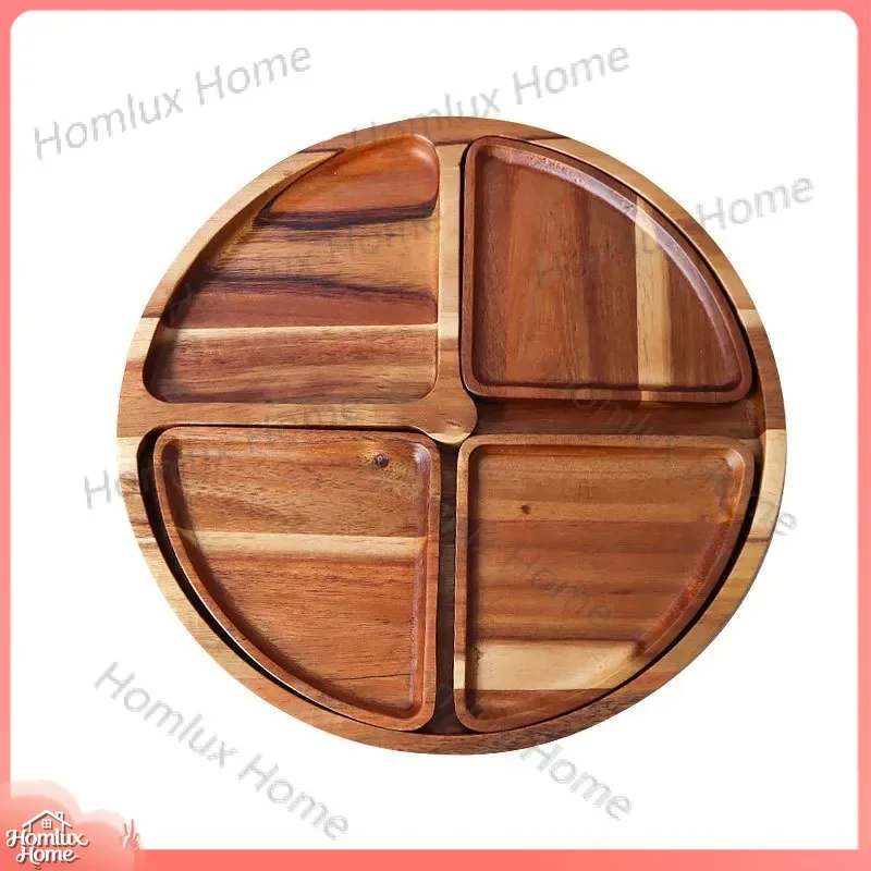 Custom Wooden Dessert Plate Fruit Serving Tray Grid Design Snack Plate Solid Wood Dim Sum Plate Party Appetizer Platter Home