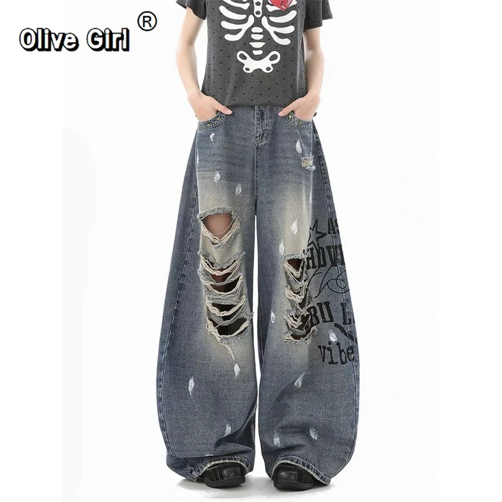 Olivegirl Women' Denim Jeans American Retro Blue Ripped Pants Letter Print Floor Mopping Casual Wide Leg Long Trousers Y2k Girl