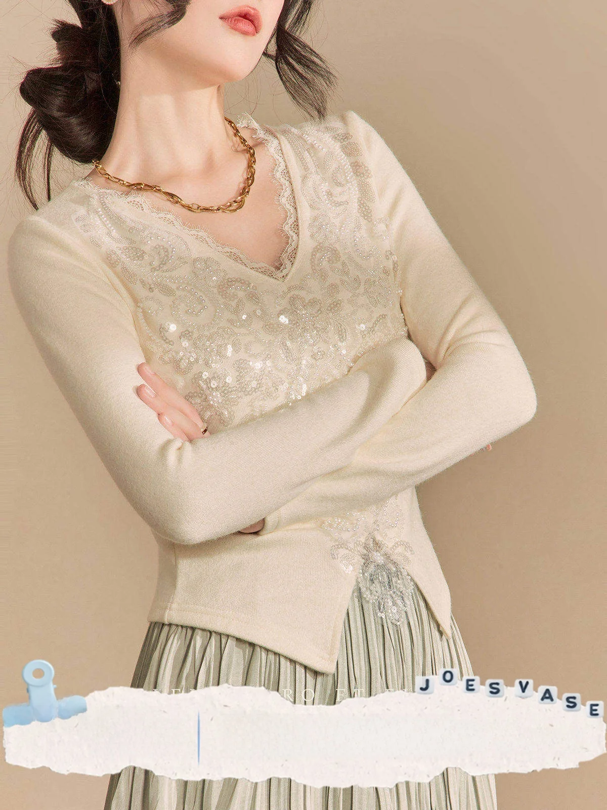

Ele Romantic V-ne Slimming Sequin Embroidery Knit Base Layer Long Sve T-irt Design Sensation Jo And Flower Vase