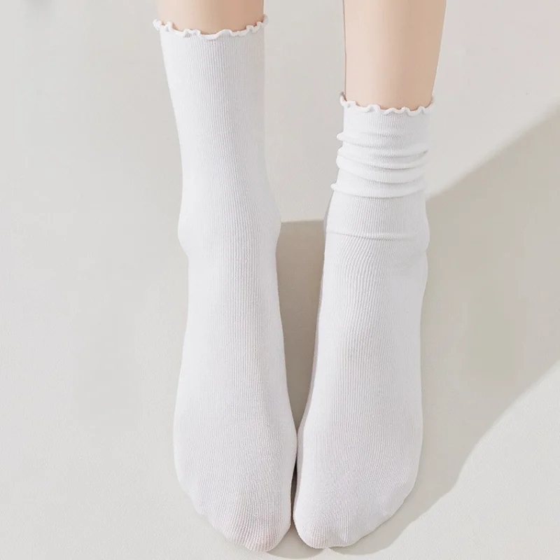 Summer Thin Ruffled Ice Silk Socks For Women Japanese Style Mid Calf Lace Trim Candy Colored Stacked Socks
