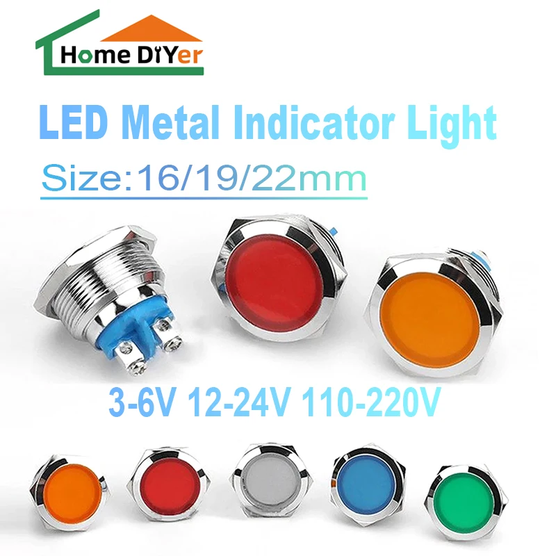 

Metal Indicator Lamp 16/19/22/25mm Waterproof Led Signal Lamp Screw Foot 3v 6v 12v 24v 110v 220v Red, Yellow, Blue, Green,White