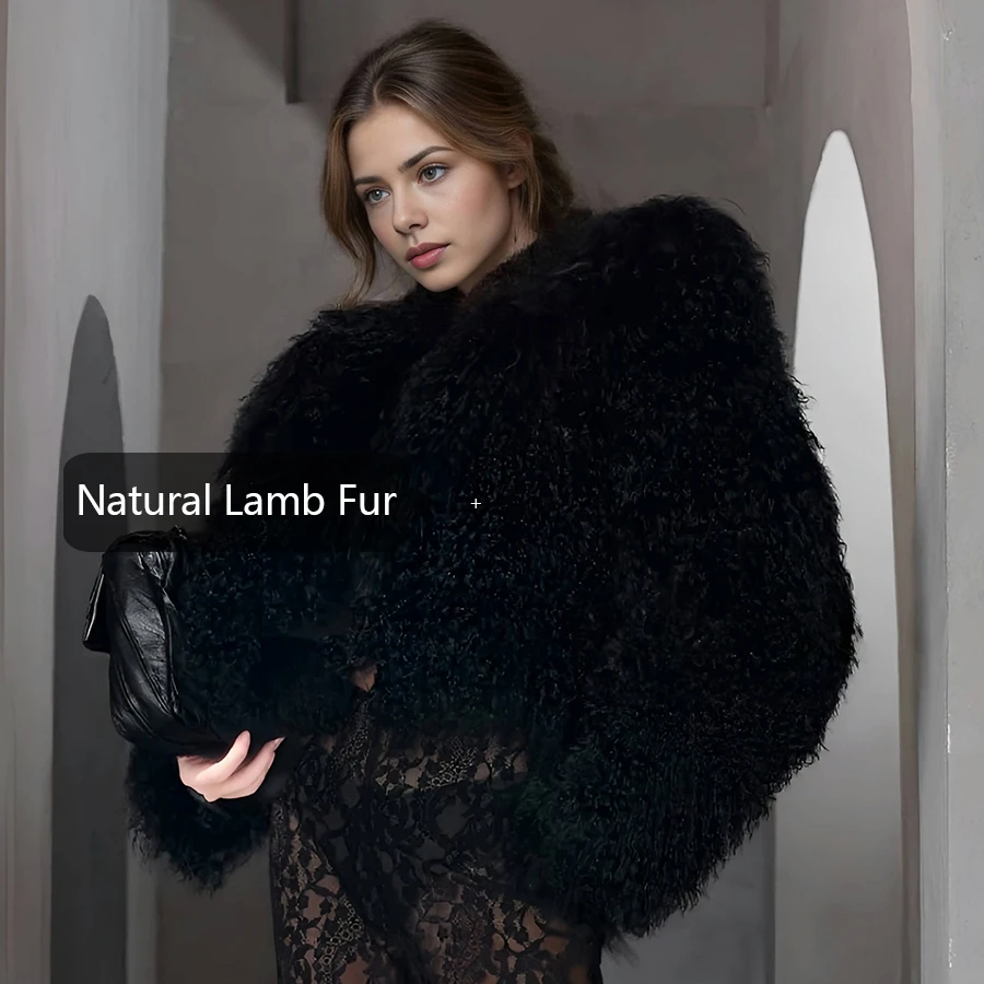 Women's Natural Sheep Fur Coat Short Mongolian Lamb Fur Jacket Luxury Winter Fluffy Sheepskin Jackets