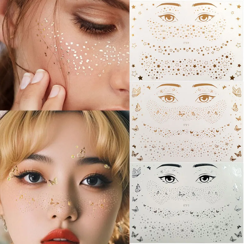1pc Waterproof Fake Freckles Stickers for Women Metallic Golden Silver Stars Butterfly Freckles for Face Makeup Music Festival