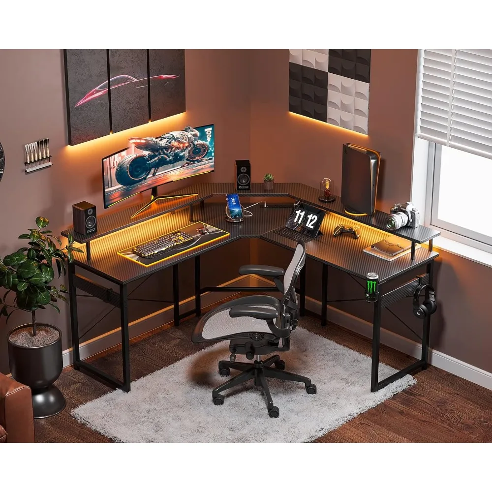 Shaped Gaming Desk with LED Lights & Power Outlets, 51