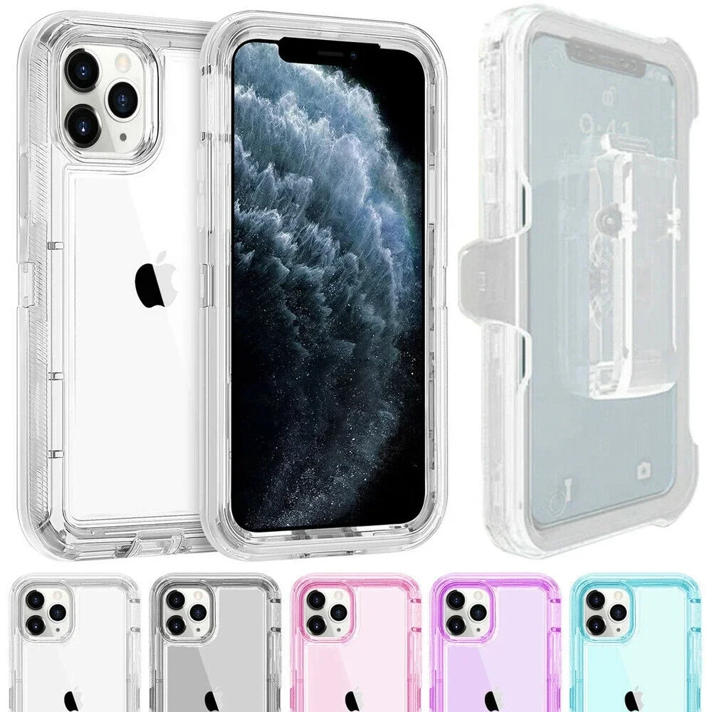 For iPhone 16 15 14 13 12 11 Pro Max XS XR 8 7 Plus 3 IN 1 Clear Heavy Shockproof Phone Case Hybrid PC+TPU Cover With Belt Clip