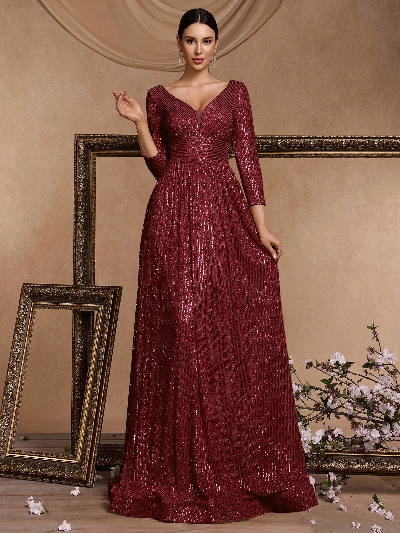 

Luxury V Neck Long Sleeves Red Sequins Formal Evening Dress Women 2025 Wedding Party Prom Maxi Cocktail Dress Gowns