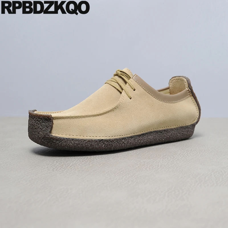 Brown Round Toe Rubber Sole Autumn Nubuck Driving Comfortable Plain Real Leather Solid Men Flats Soft Lace Up Wallabees Shoes