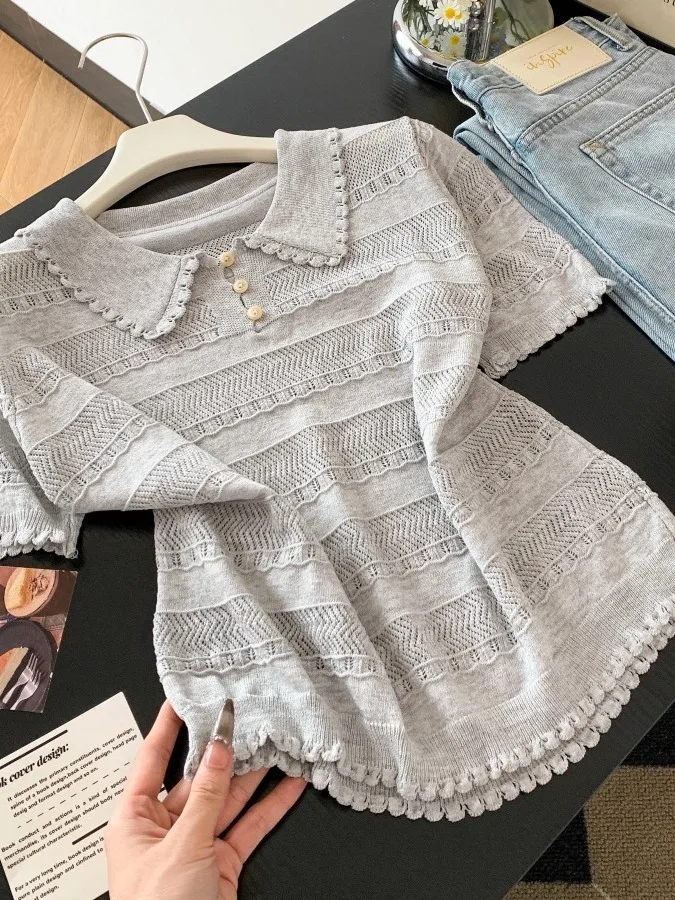 

Gray Hollow Collar Short Sleeve Knitted Sweater Women's Summer New Style Simple Design High Quality Top Korean Style Sli...