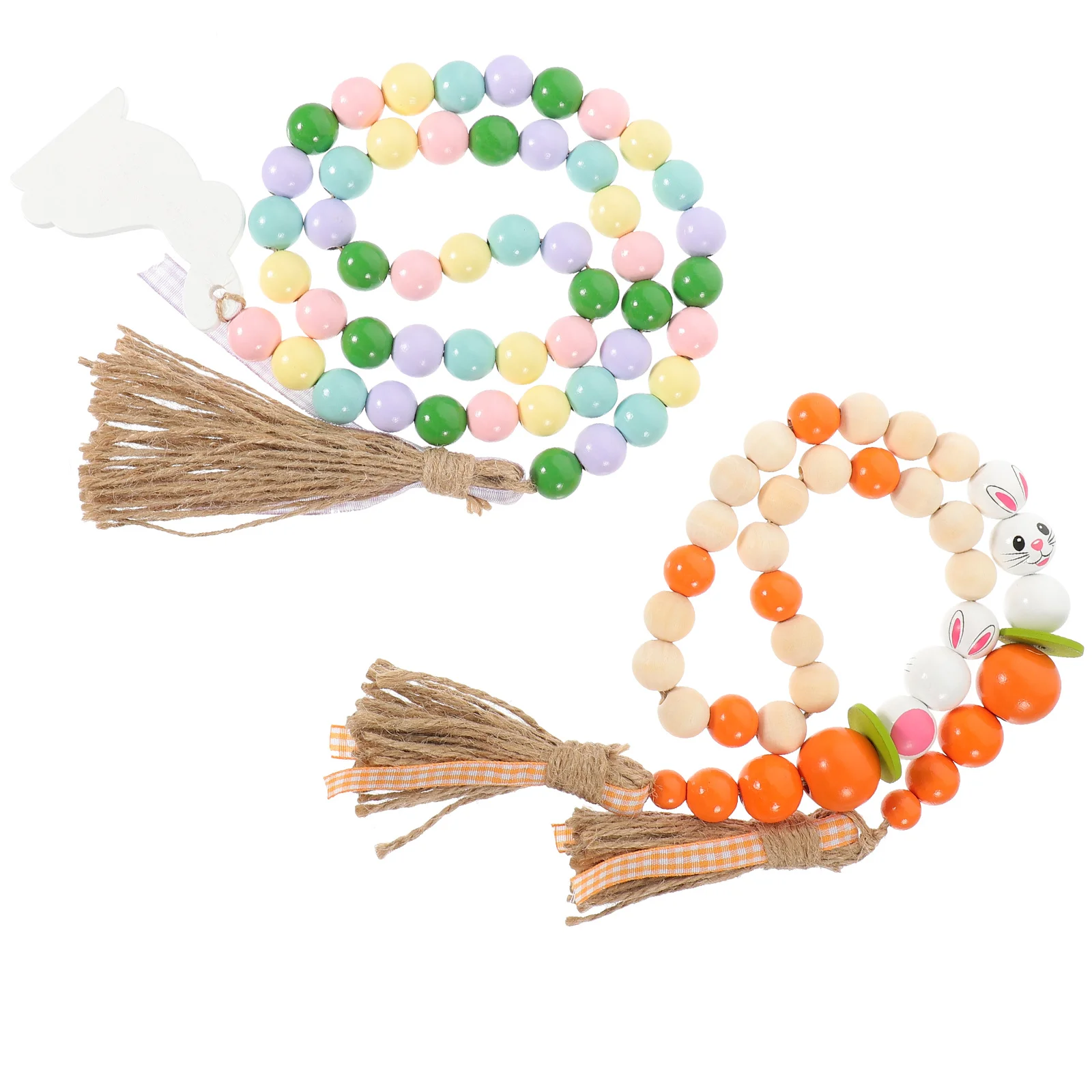 

2Pcs Easter Rabbit Decorative Bead Garland Wood Hanging Ornament for Wall Mirror Window Farmhouse Rustic Home Decoration