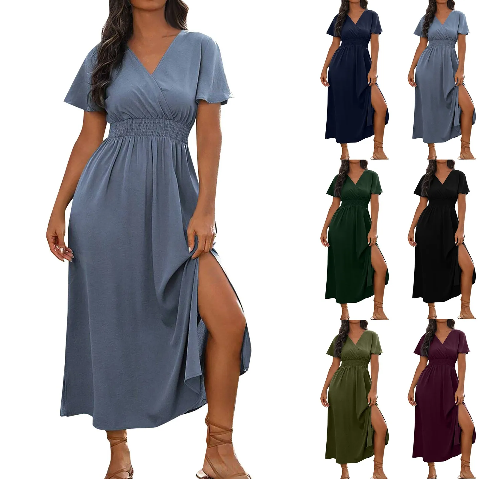 Women\'S Summer Fashion Sexy Comfortable Wrap Waist Maxi Dress V Neck Side Slit Casual Dress A-Line Long Short Sleeve Solid Dress