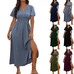 Women'S Summer Fashion Sexy Comfortable Wrap Waist Maxi Dress V Neck Side Slit Casual Dress A-Line Long Short Sleeve Solid Dress