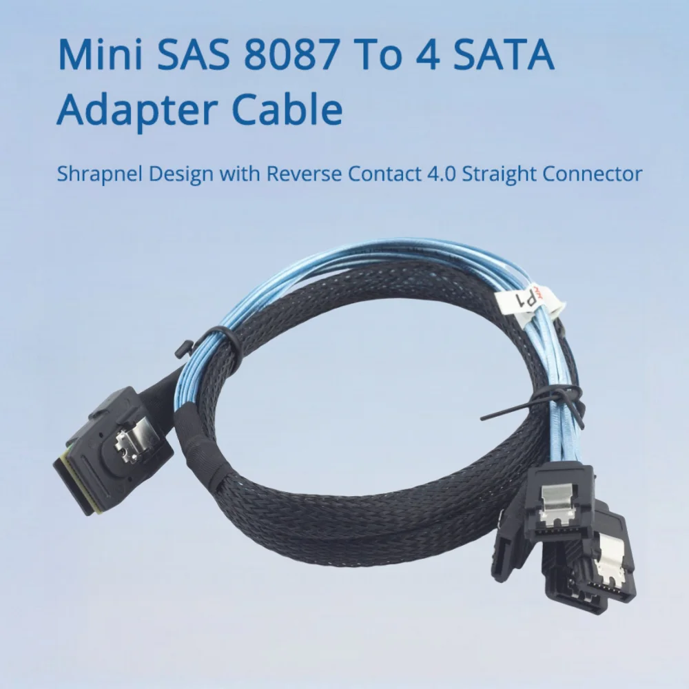 

Mini SAS 8087 To 4 SATA Adapter Cable – Shrapnel Design with Reverse Contact 4.0 Straight Connector for SSD Integration