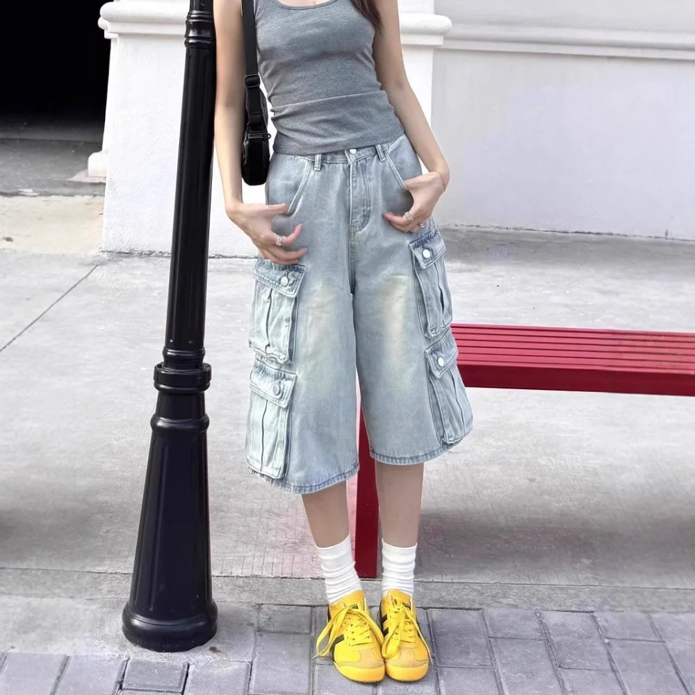 Invisibile con apertura sul cavallo Danni sessuali all'aperto Pantaloncini da uomo in denim Tasca estiva Utensili Jeans Tendenza Pantaloni larghi dritti retrò